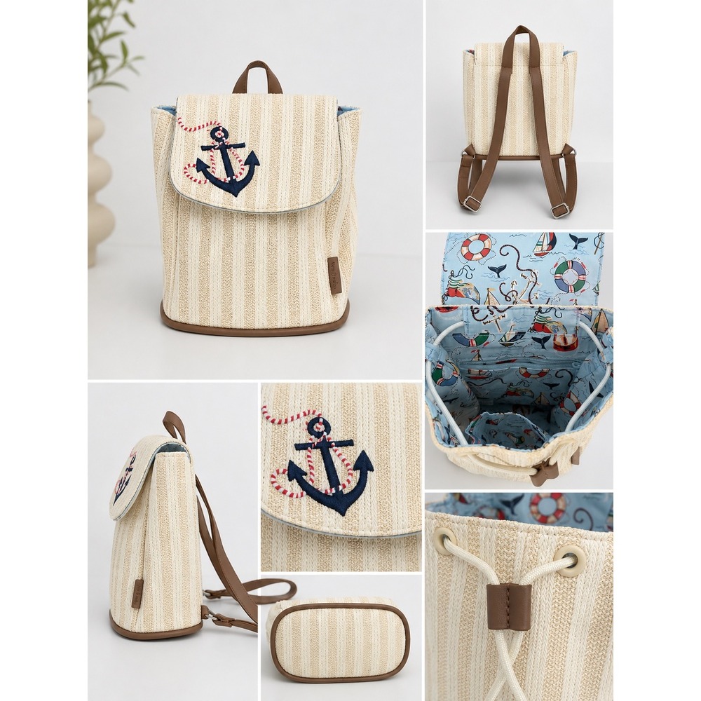 Vera Bradley Small Nautical Straw Backpack / Mini Bag Anchor Embroidered Coastal